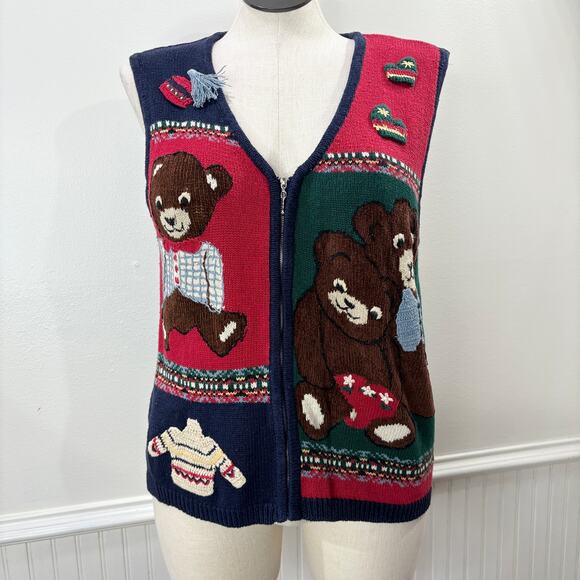 Capacity Vintage Plus Size 1X Cardigan Sweater Vest Teddy Bear Winter Christmas - Picture 1 of 16